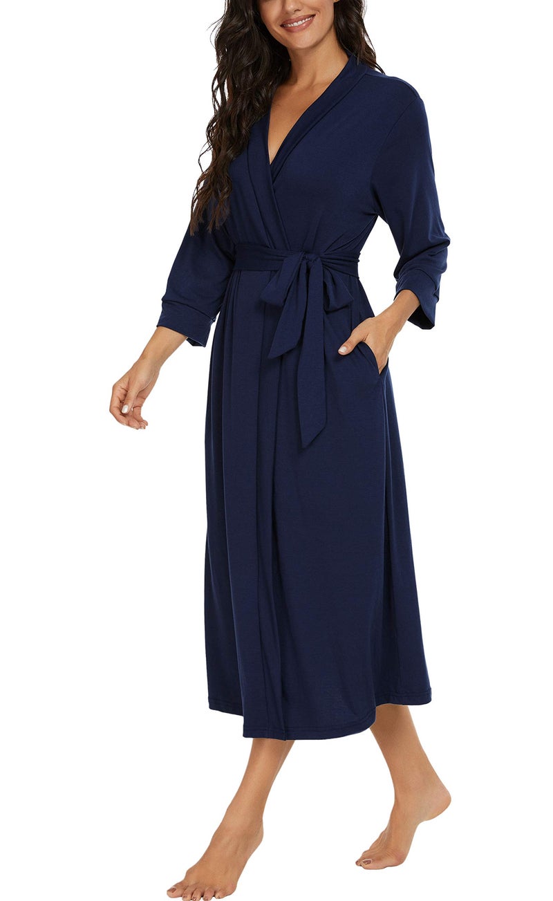 VINTATRE Women Kimono Robes Long Knit Bathrobe Lightweight Soft Knit Sleepwear V-neck Casual Ladies Loungewear Navy Blue-Small - Image 2